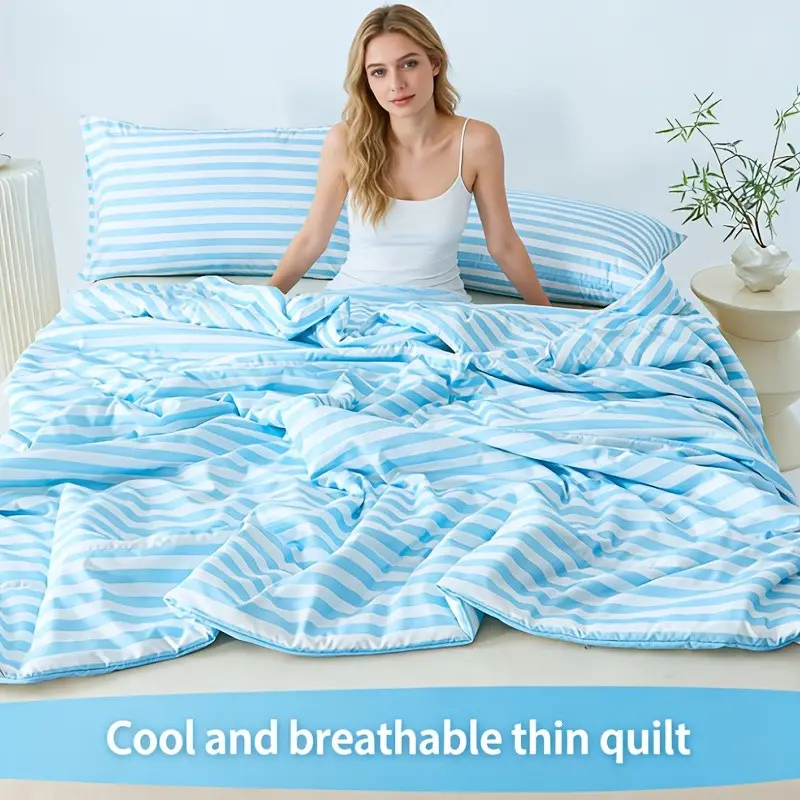 Blue Striped Summer Quilt, Soft Comfortable Bedding for Bedroom, Twin/double Size, Versatile Home Textile