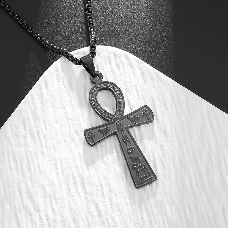 FLORIDECO Egyptian Stainless Steel Ankh Cross Necklace - 24IN Steel Necklace for Christmas/Father's Day in Black/Gold/Silver Trendy Jewelry Cuban Link Chain Cuban Link Design