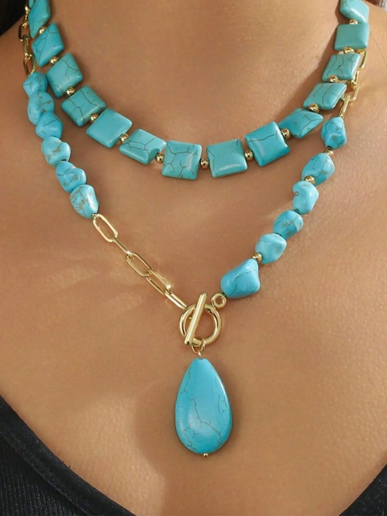 Bohemian Boho Style Turquoise Drop Pendant Necklace, Layered Design Ot Clasp, Trendy European and American Fashion Jewelry