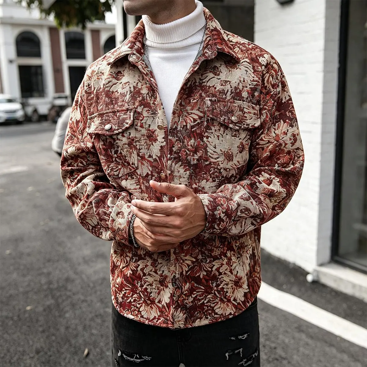 Men floral tapestry button overshirt lapel collar full blooming flower jacquard pattern chest flap pockets relaxed fit thick textured woven fabric great for retro artistic street styling daily layering casual outing and fashion matching