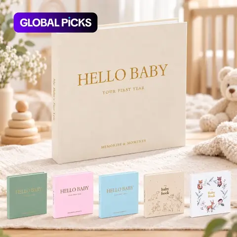 【Black Friday】“Hello Baby” Spiral-Bound Memory Book, Linen-Cover Baby Growth Keepsake with Animal Illustrations and Monthly Milestone Stickers #GLOBAL PICKS