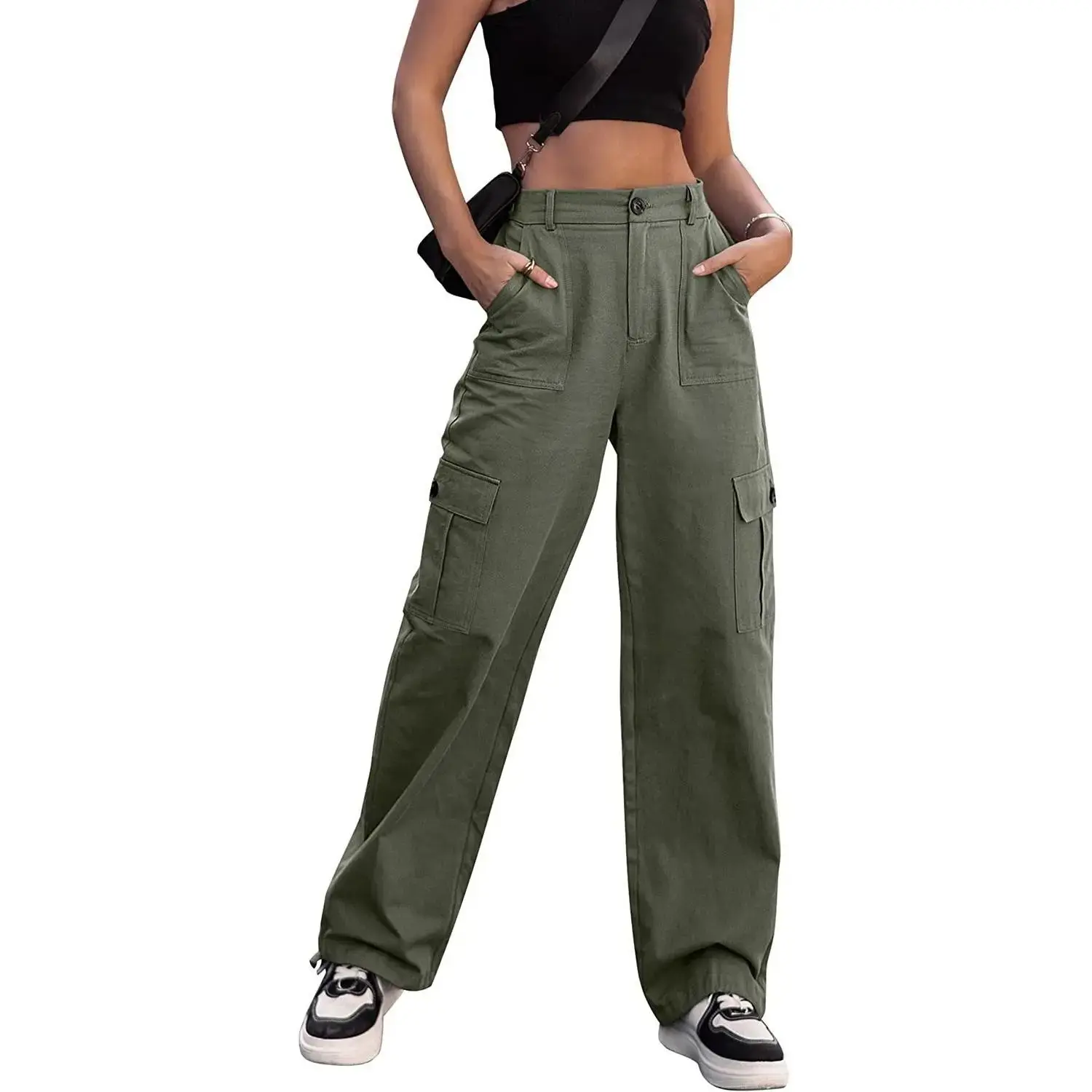Women High Waisted Cargo Pants Wide Leg Casual Pants 6 Pockets Combat Military Trousers