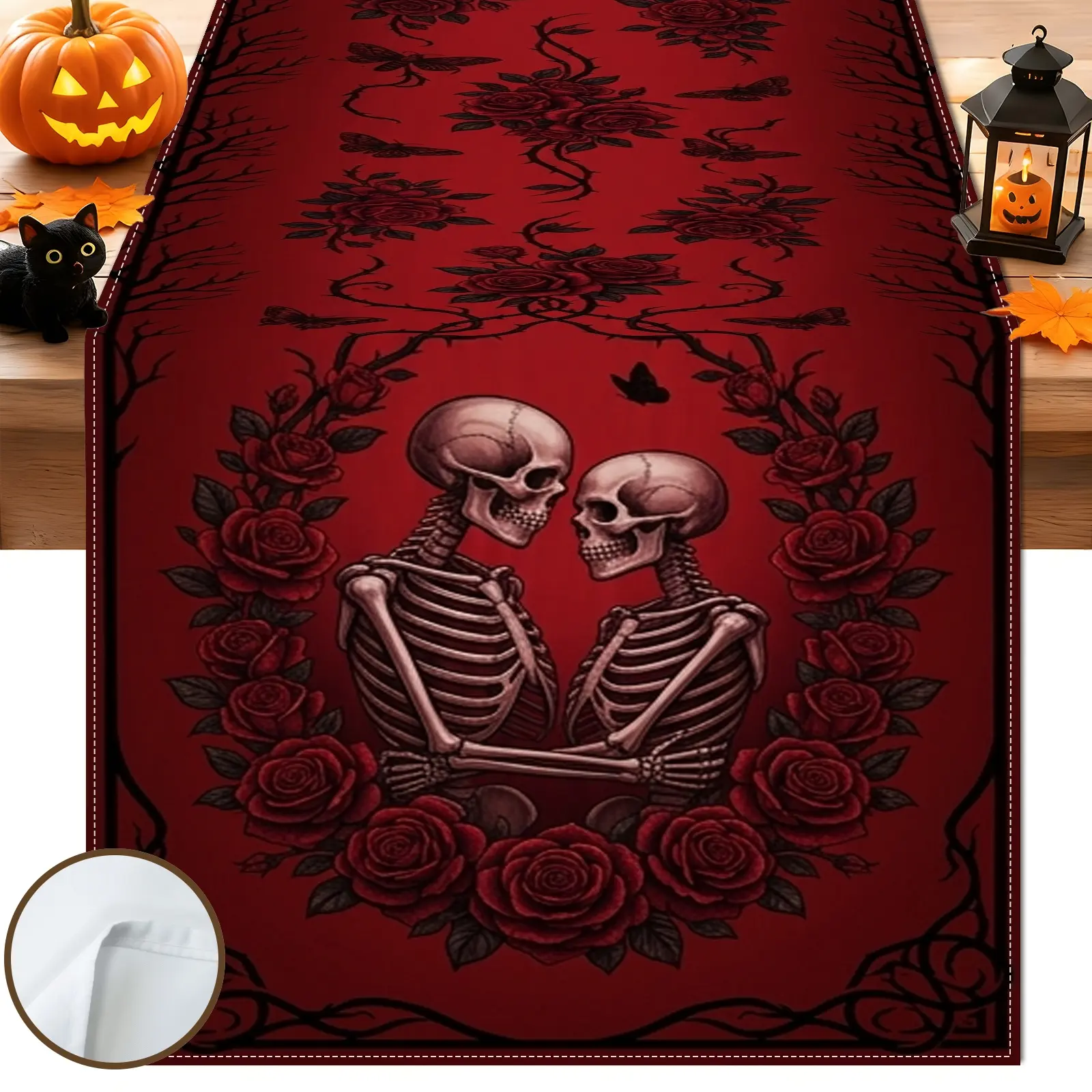 1pc Skeleton Roses Table Runner, Gothic Style, Decorative Border and Floral Pattern, for Dining Table Halloween Party Home Decor Seasonal Table Decor