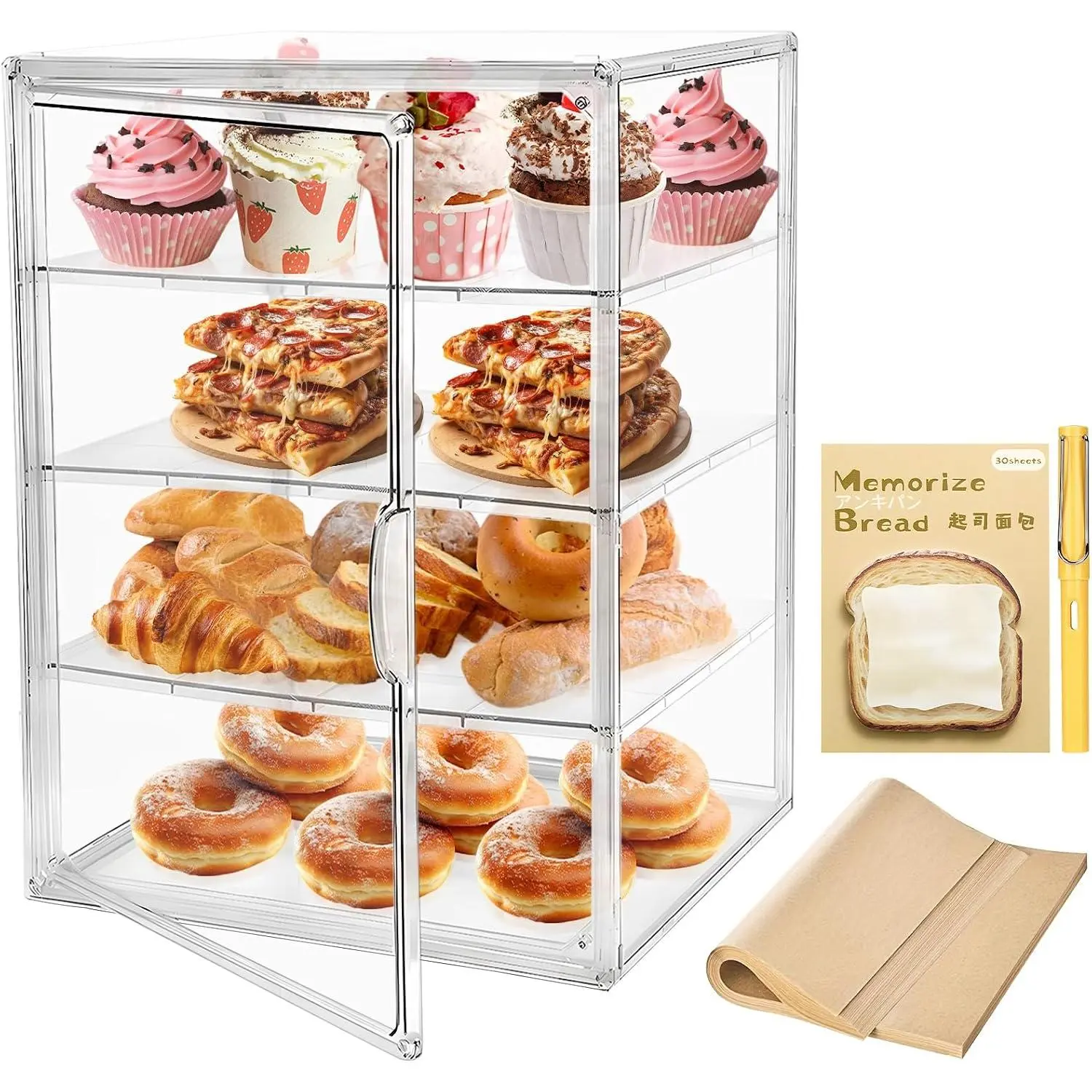 Pastry Display Case,Large Bakery Cookie Display Stand for Kitchen Countertop,4 Layers Adjustable Clear Bread Storage with  Door Bread Box and Cupcake Kitchen Counter 15.5x11.4x9.8 Inch