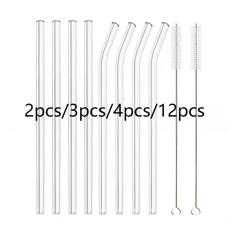 2Pcs/3pcs/4pcs/12pcs clear glass straw cup, reusable glass straw includes straight straw and curved straw, straw milkshake with brush, cocktail party bar accessories, Reusable Straws