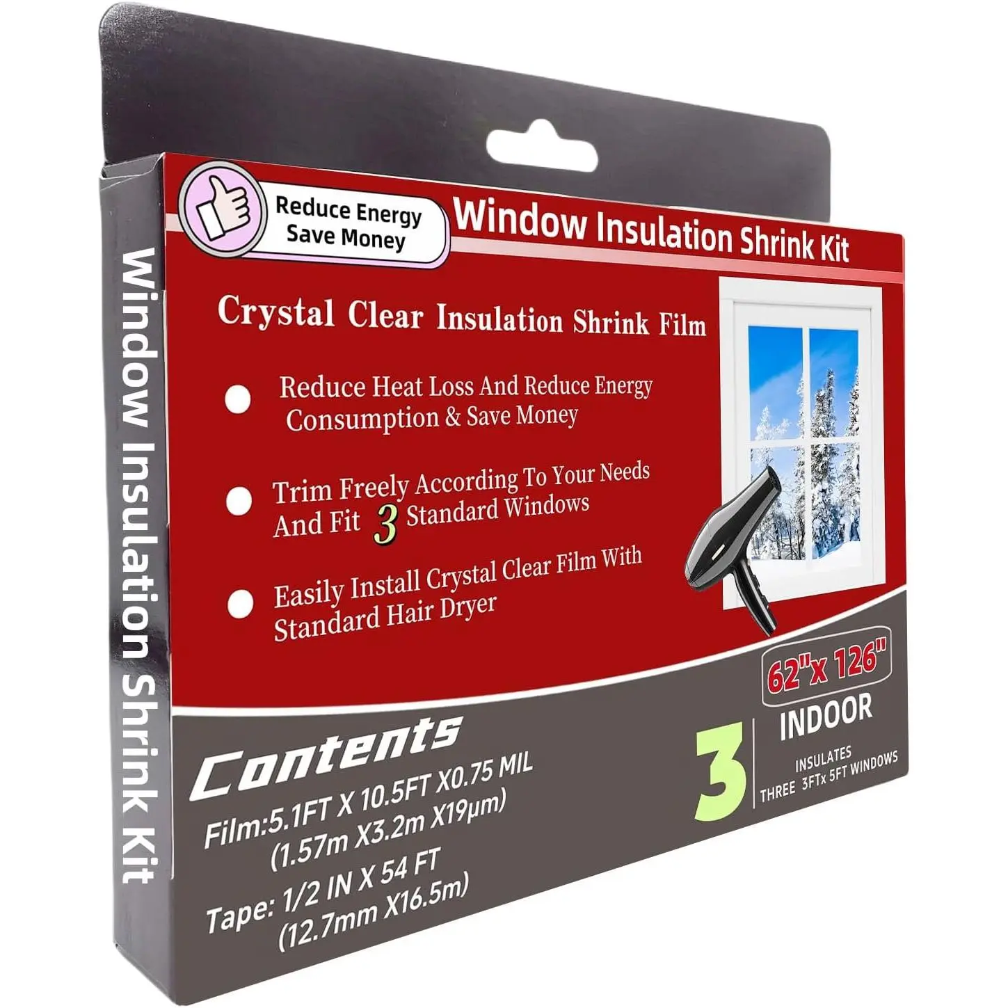 3-Window Shrink Film Window Insulation kit(62-Inch x 126-Inch) | Insulating Film Window Kit Keeps Cold Air Out and Warm Air In (3 Windows)