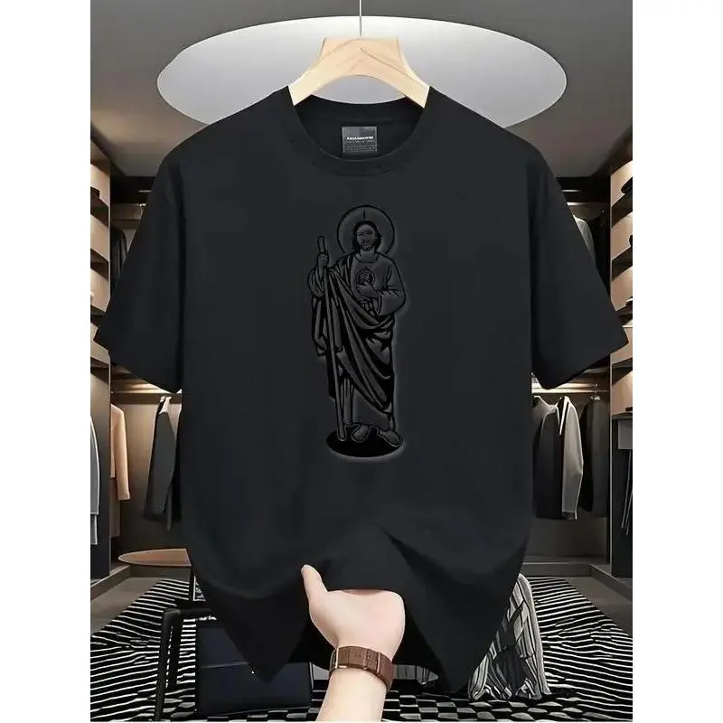 Local Store, T-shirts for men, Men's Shirts, Clothing for Men, T-shirts for men, White and black T-shirt featuring the image of Saint Judas Tadeo (180g), Religious Printing Design, High-Quality Printing, Cuello Redondo, Relaxed Setting
