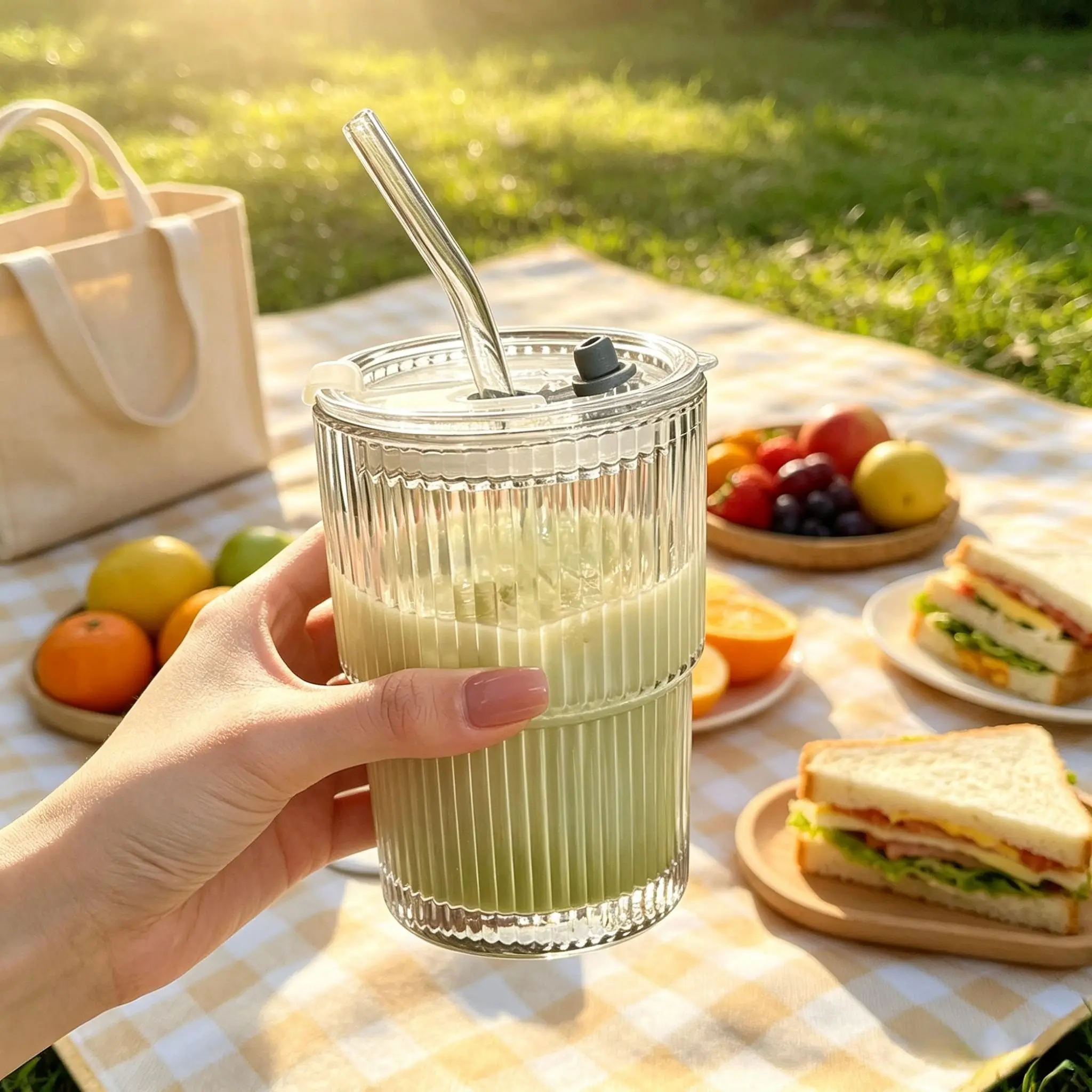 High-End Transparent Glass Straw Cup, 450ML Bamboo Design, Thick Base, Dual Drinking Mouths, Non-Slip Vertical Texture, Drinking Glasses, Perfect for Home & Office