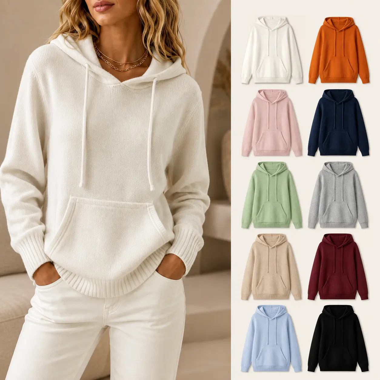 Women’s Knit Pullover Hoodie Sweater - Long Sleeve, Drawstring Hood, Kangaroo Pocket, Soft, Relaxed Fit - Cold Wash Top for Fall Winter Everyday Wear (Plus Sizes Available)