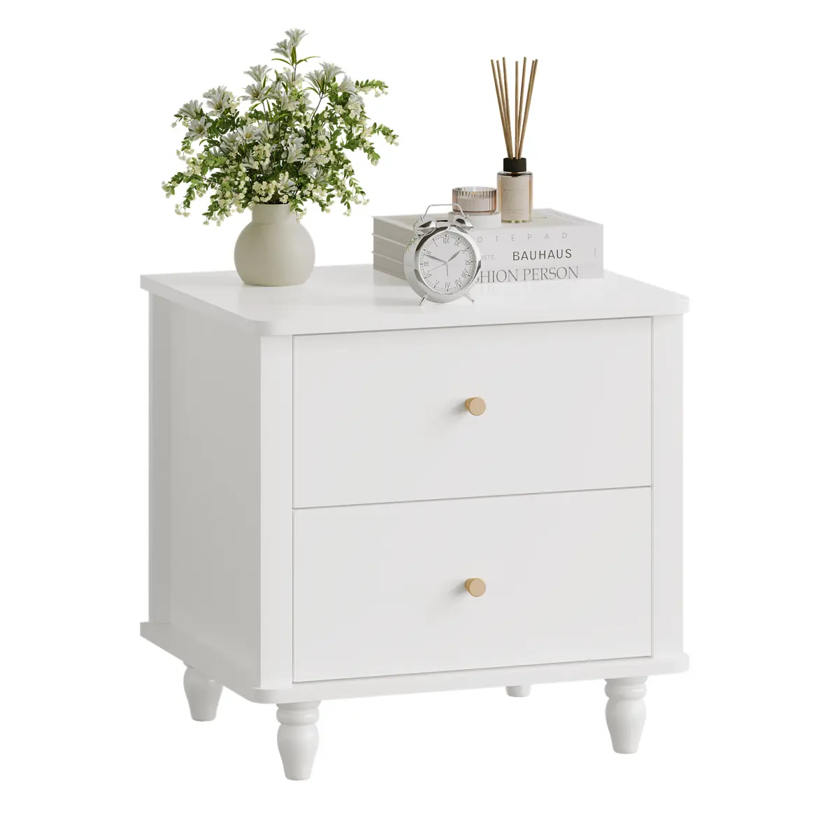 White Modern 2-Drawer Nightstand - MDF Wooden Bedside Cabinet with Round Knobs, Rounded Legs, 19.69" HxWxD, Simple Setup, Safe Small End Table for Bedroom, Living Room, Two Drawers