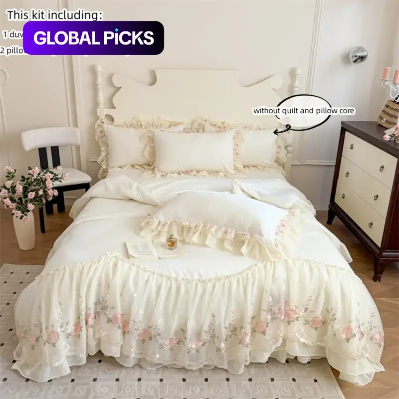 3pcs Korean Lace Trim Embroidered Quilt Cover and Pillowcases Set, Soft Bedding Set, Elegant Dorm Room Decor for Cozy Nights #TOP PICKS