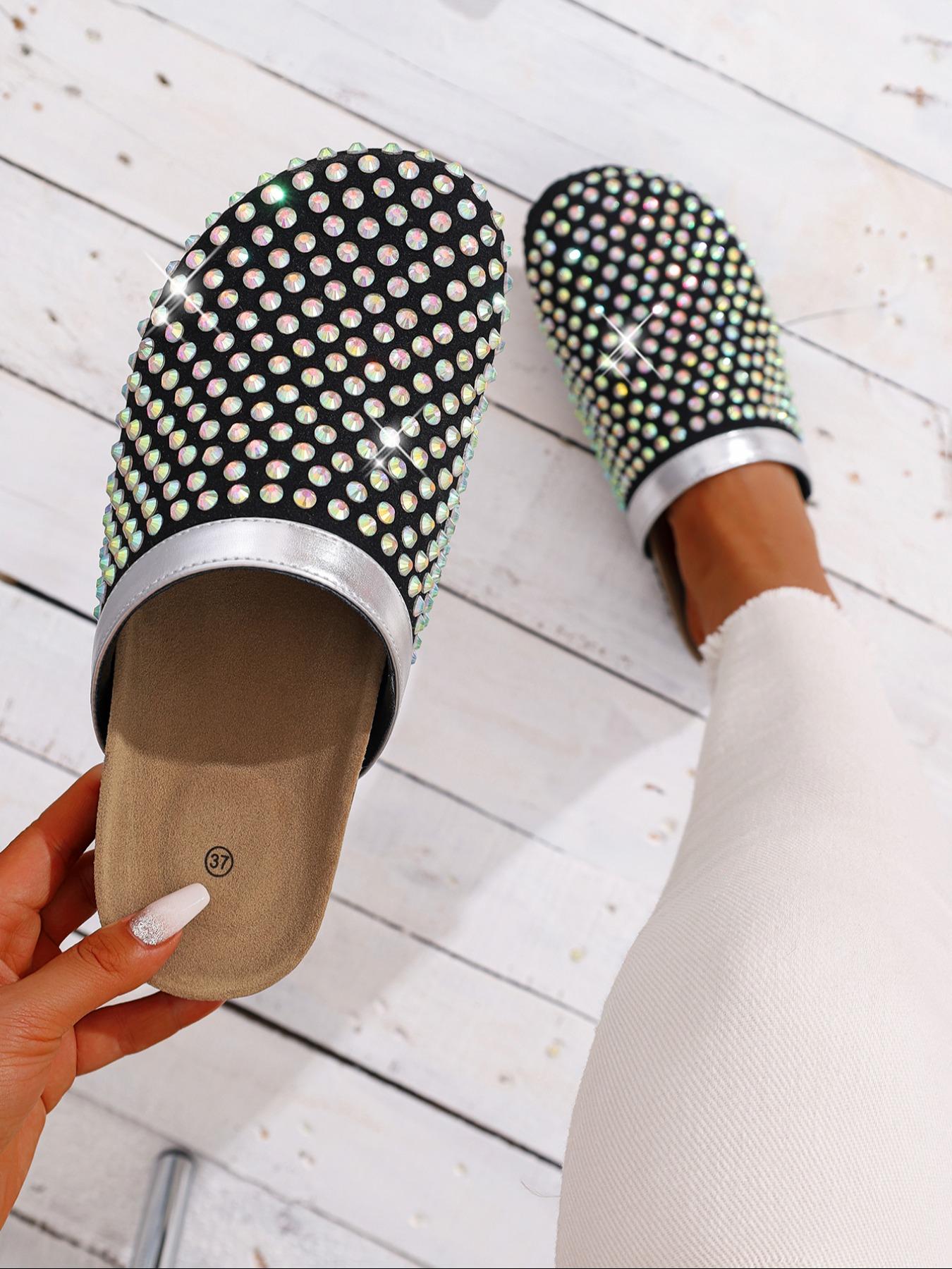 Women's Rhinestone Decorated Slip-On Mules, Anti-Slip Thick Sole, Fashionable Indoor & Outdoor Casual Shoes, Comfortable One-Step Design, Thick Bottom Slippers