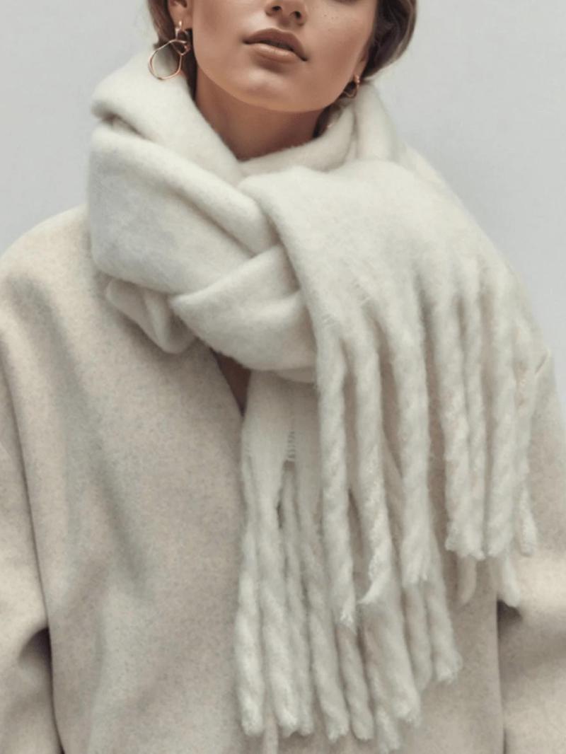 Solid Color Tassel Decor Fluffy Soft Scarf, Elegant Thickened Shawl for Women & Men, Fashion Accessories for Fall & Winter