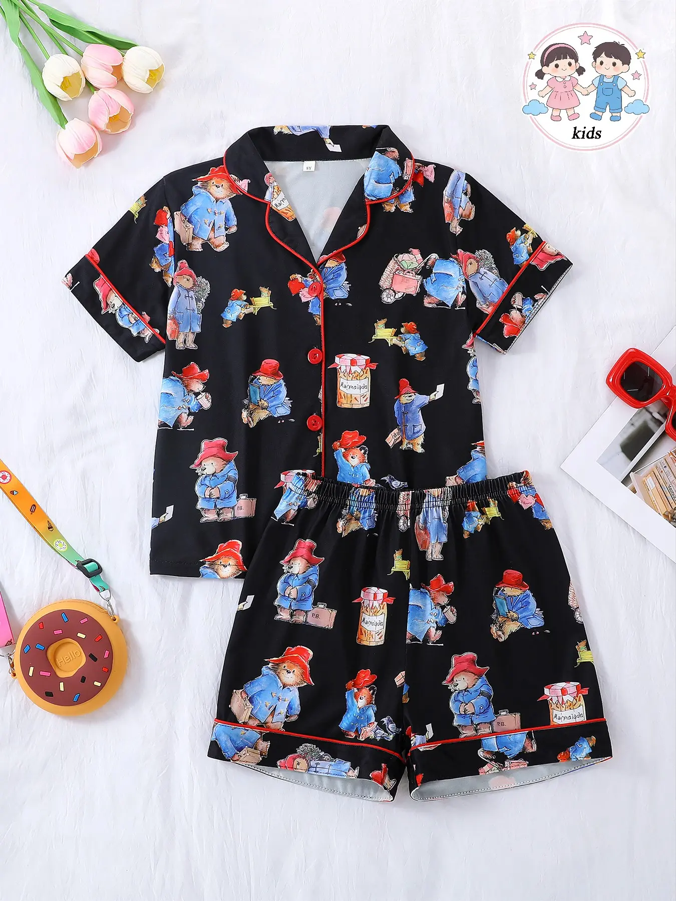 2-Piece Kids' Flame-Resistant Pajama Set, Short Sleeve Button Front Jacket & Shorts, Cartoon Paddington Bear Print, All Seasons, Unisex
