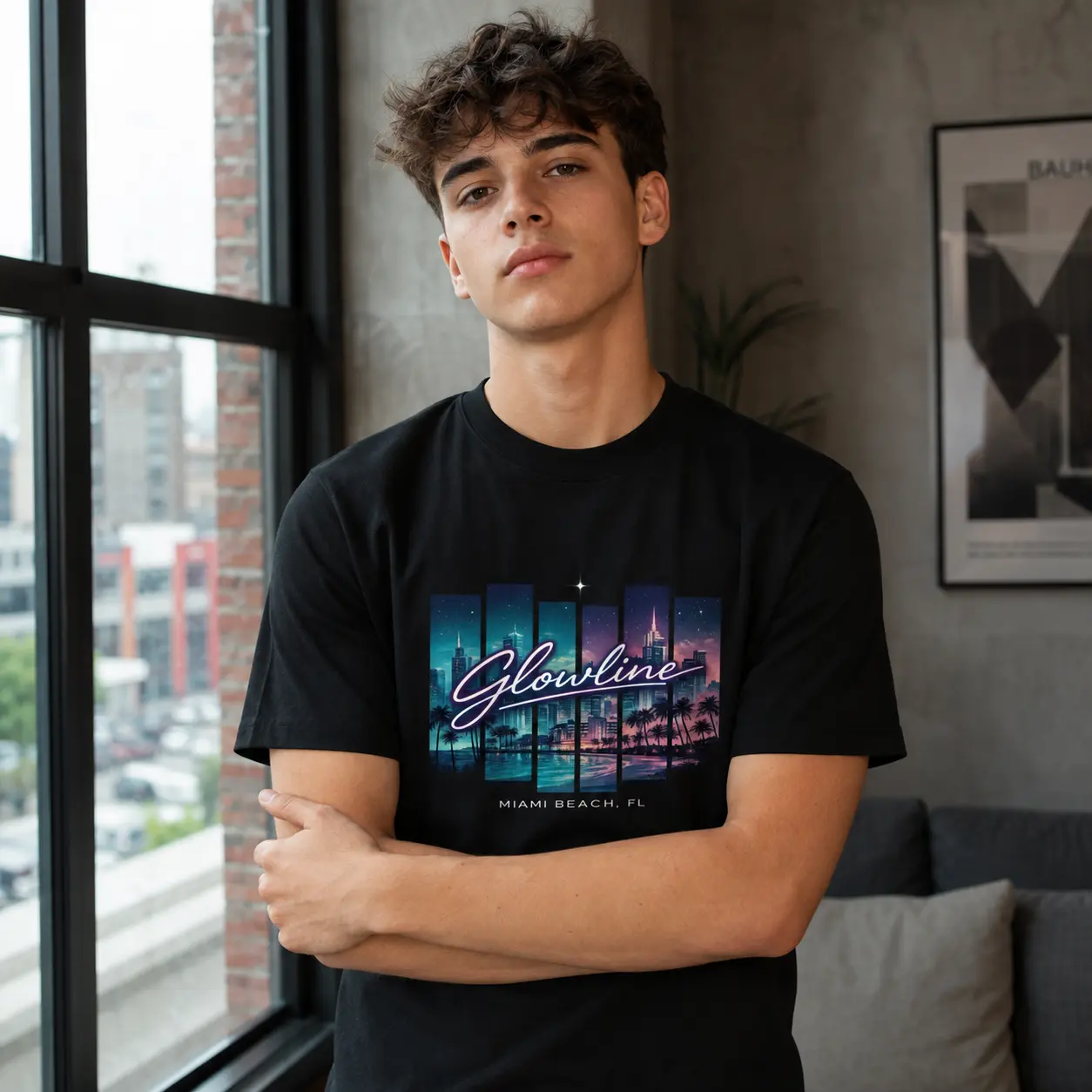 Miami Glowline T-Shirt, Retro Neon City Graphic Tee, Miami Beach Skyline Shirt, Vaporwave Streetwear Gift for Men