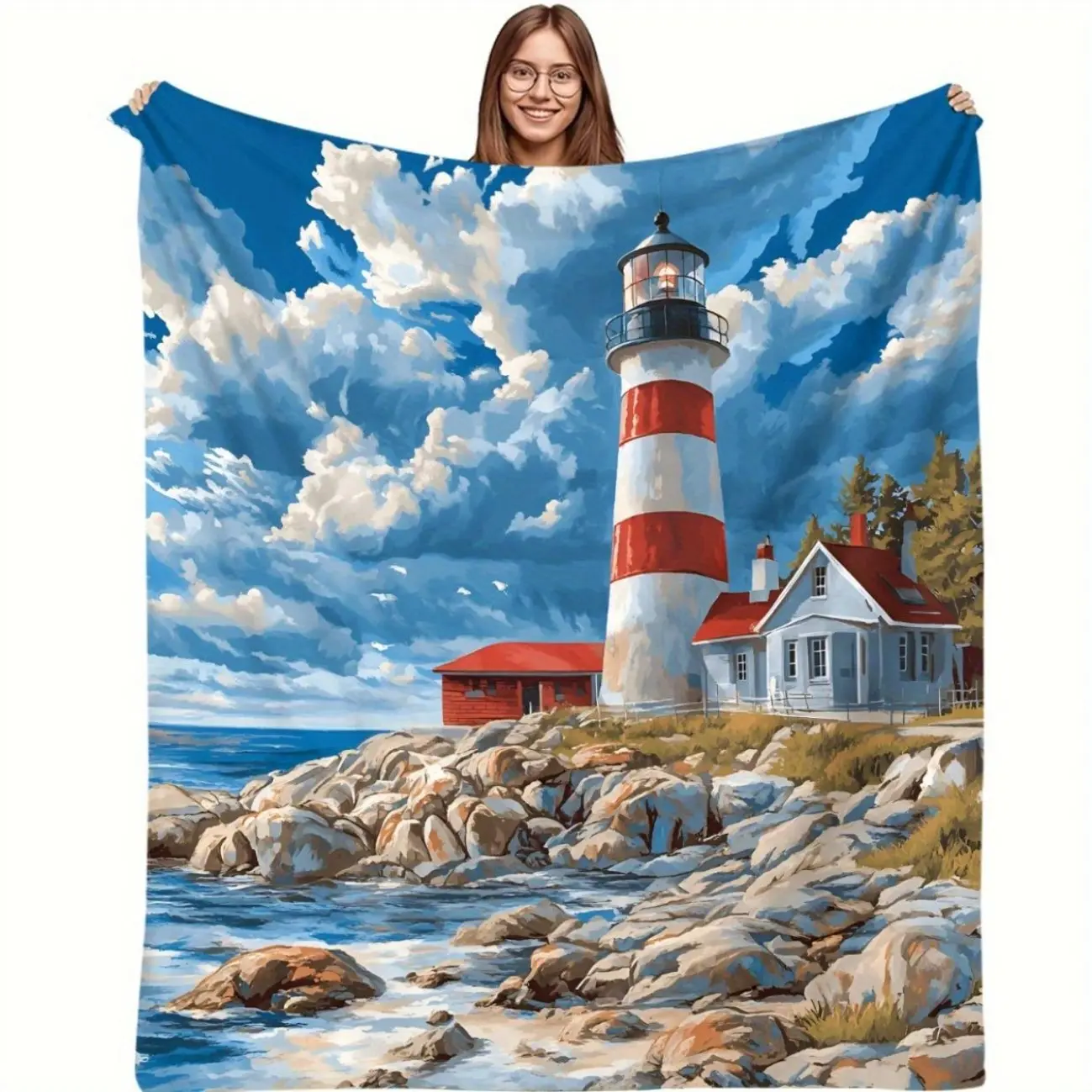 Cozy Lighthouse Coastal Throw Blanket, Soft Flannel Fleece with Red & White Striped Lighthouse, Blue Sky & Ocean Waves Design, Perfect Sofa, Bed & TV Blanket, All-Season Comfort, Coastal Home Decor Gift