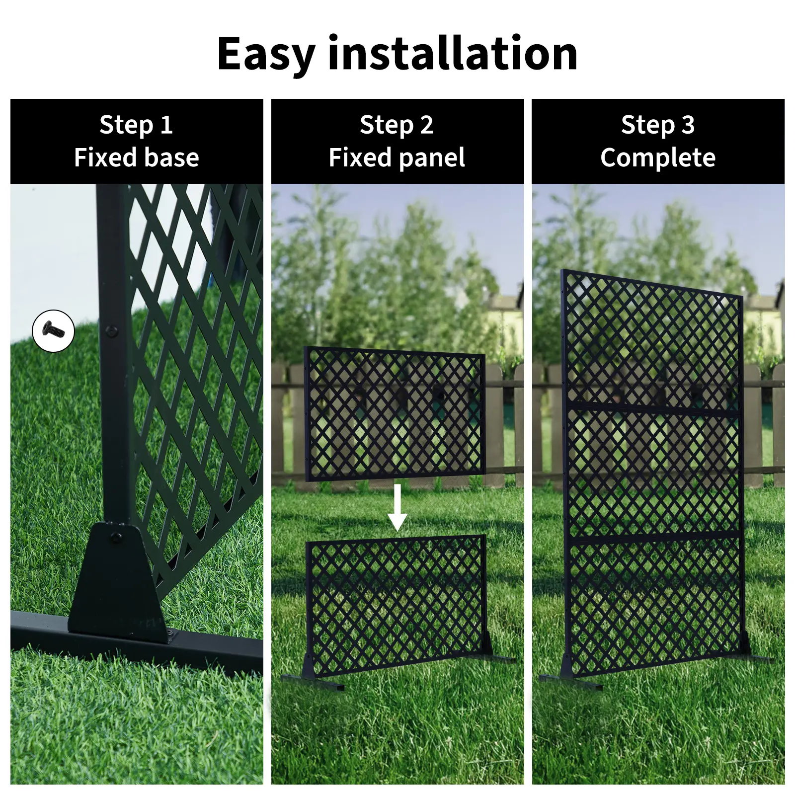 Modern Black Freestanding 3-Panel Metal Privacy Screen, Decorative Sturdy Room Divider, Sizes 36/44/47 × 72 Inches, Partition for Indoor Space, Garden, Balcony & Patio to Build Private Area