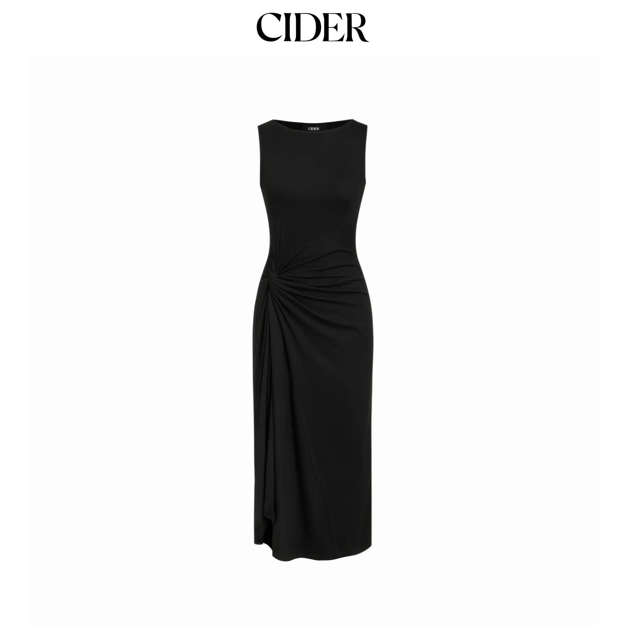 Cider Boat Neck Side Twist Draped Mandarin Midi Dress Cider Boat Neck Side Twist Draped Mandarin Midi Dress