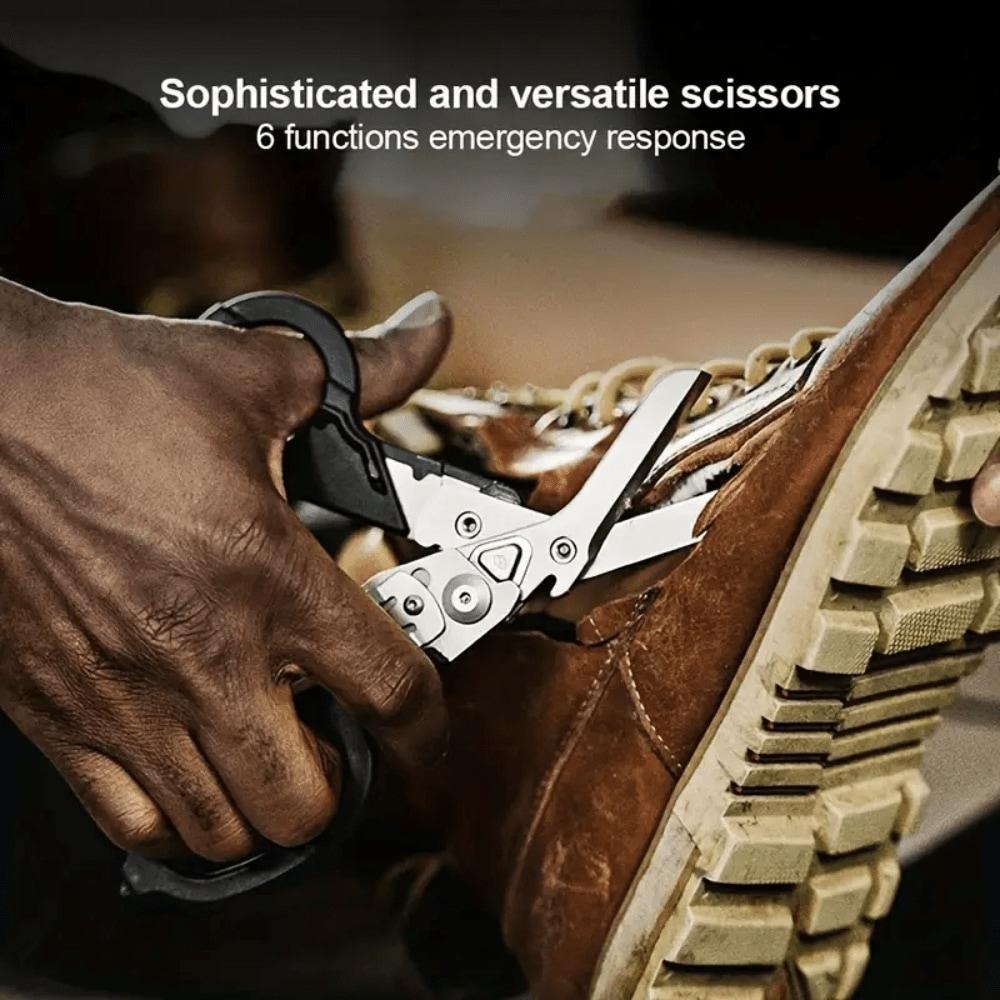 Stainless Steel Tactical Folding Scissors, Multifunctional Durable Outdoor Tool with Tape Cutter, Portable Scissor Sharpener Sheet Cutting Tool, Heavy Duty Scissor