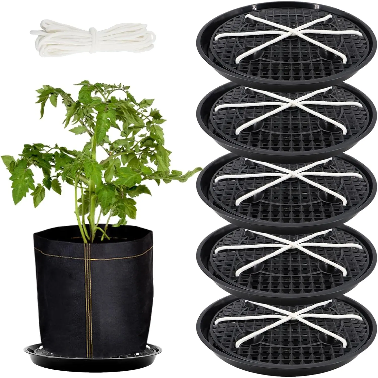 5-Pack 12" Plastic  , Self Watering Pots for Indoor , Bottom  Water Catcher Tray, Indoor/Outdoor Greenhouse Garden Auto-Irrigation System for 5 Gallon Fabric Grow Bag