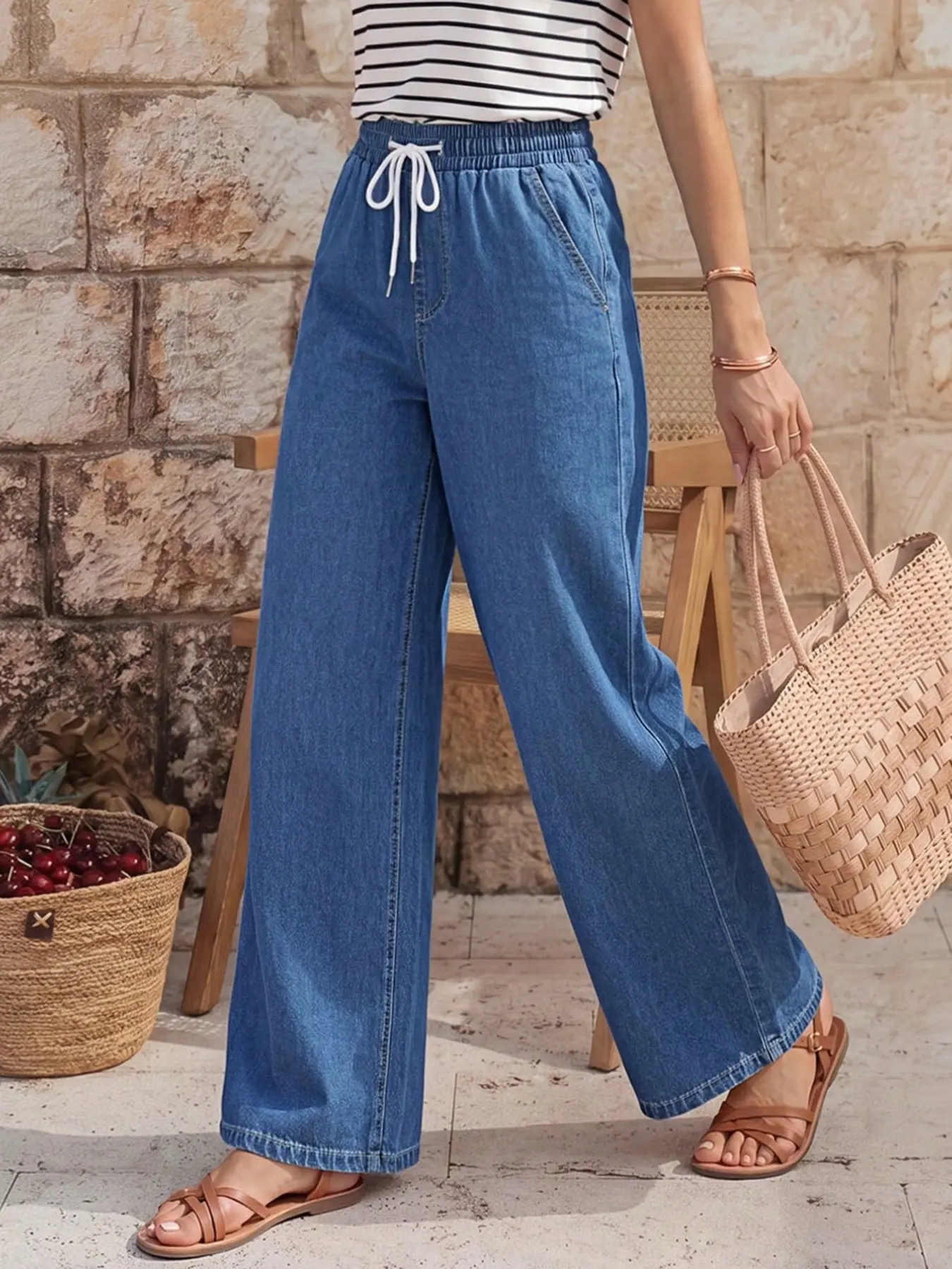Light Blue Drawstring Waist Lightweight Jeans Wide Leg Long Pants, Pocketed Loose Straight Fit Casual Pants, Perfect for Weekend Outing