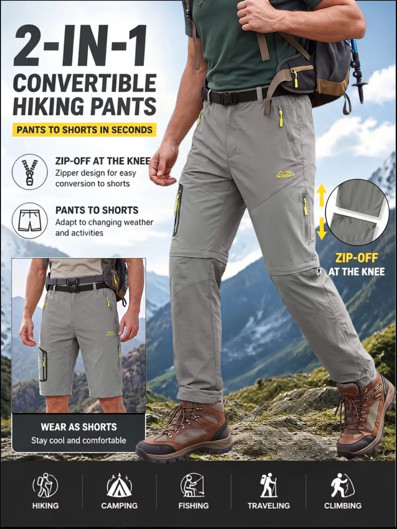 Men's Convertible Detachable Leg Outdoor Pants, 100% Nylon Quick-Dry Hiking Long Pants, Lightweight Breathable, Ideal for Fishing/traveling