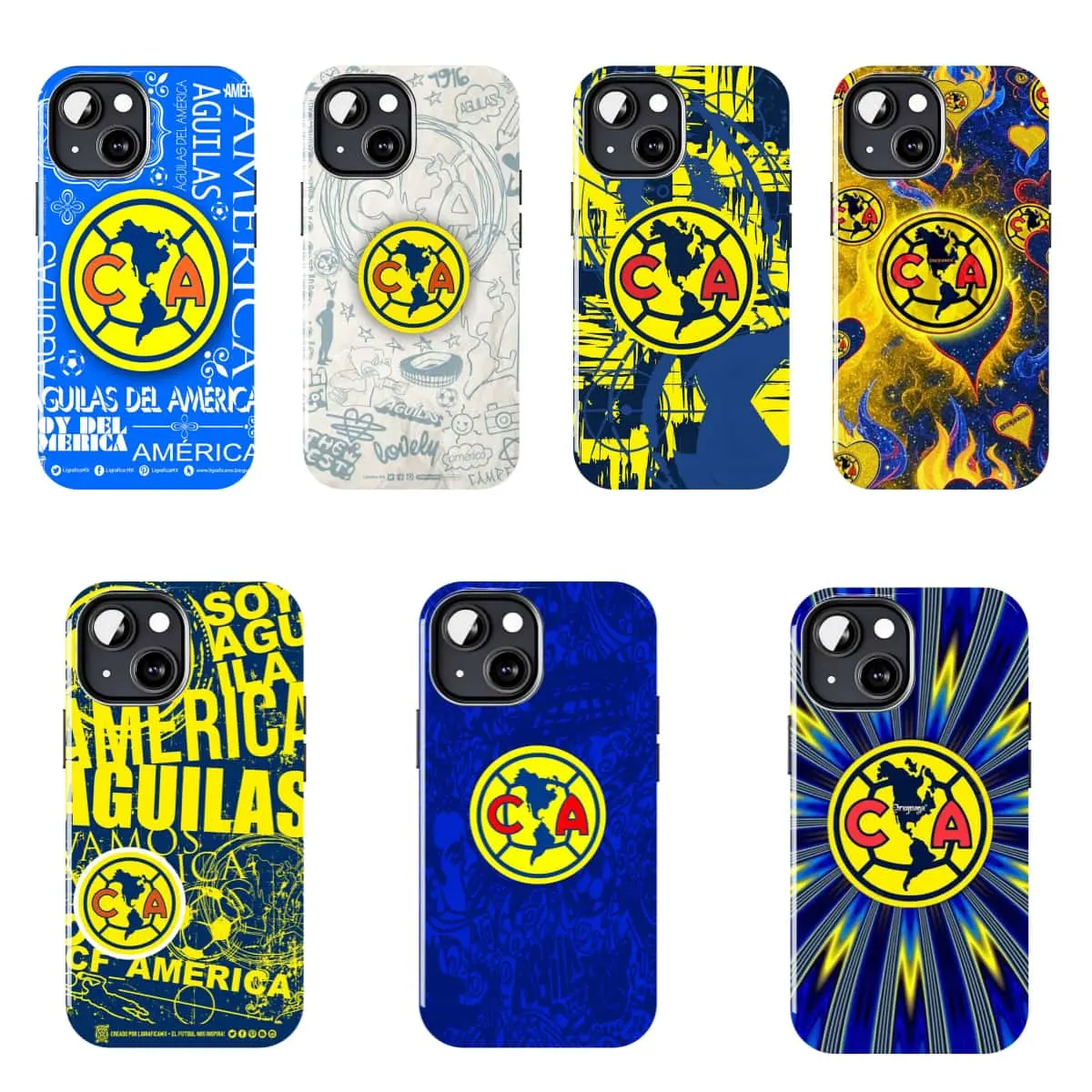 Club America (CA) football team phone case, CA logo protective case, blue and yellow sporty style, compatible with iPhone 11–17 Pro Max/Plus series and Samsung Galaxy S23–S25 series.