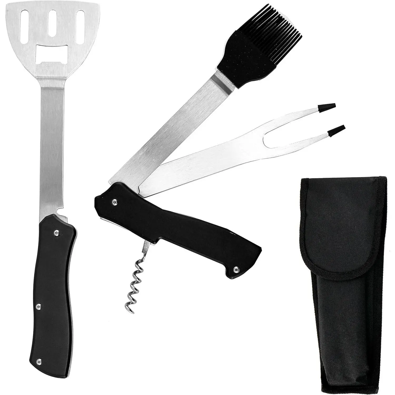 4-in-1 Folding Camping Grilling Multi Tool with Turner Spatula, Grill Brush, Fork & Corkscrew for Outdoor BBQ & Picnics