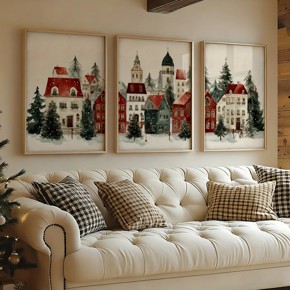 2D flat, 3-piece set, tree city red house festive atmosphere home wall art painting, vintage watercolor Christmas canvas poster, print, room, living room decoration, ideal home creative gift, Halloween Christmas decoration