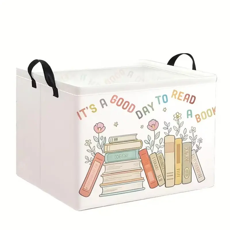 1pc, Foldable Book-Themed Storage Basket with Handle - Canvas Fabric Suitable for Laundry,,, Room Organization - Contemporary Bookshelf Box for Study, Reading Areas, Space-Saving, Basket for Use
