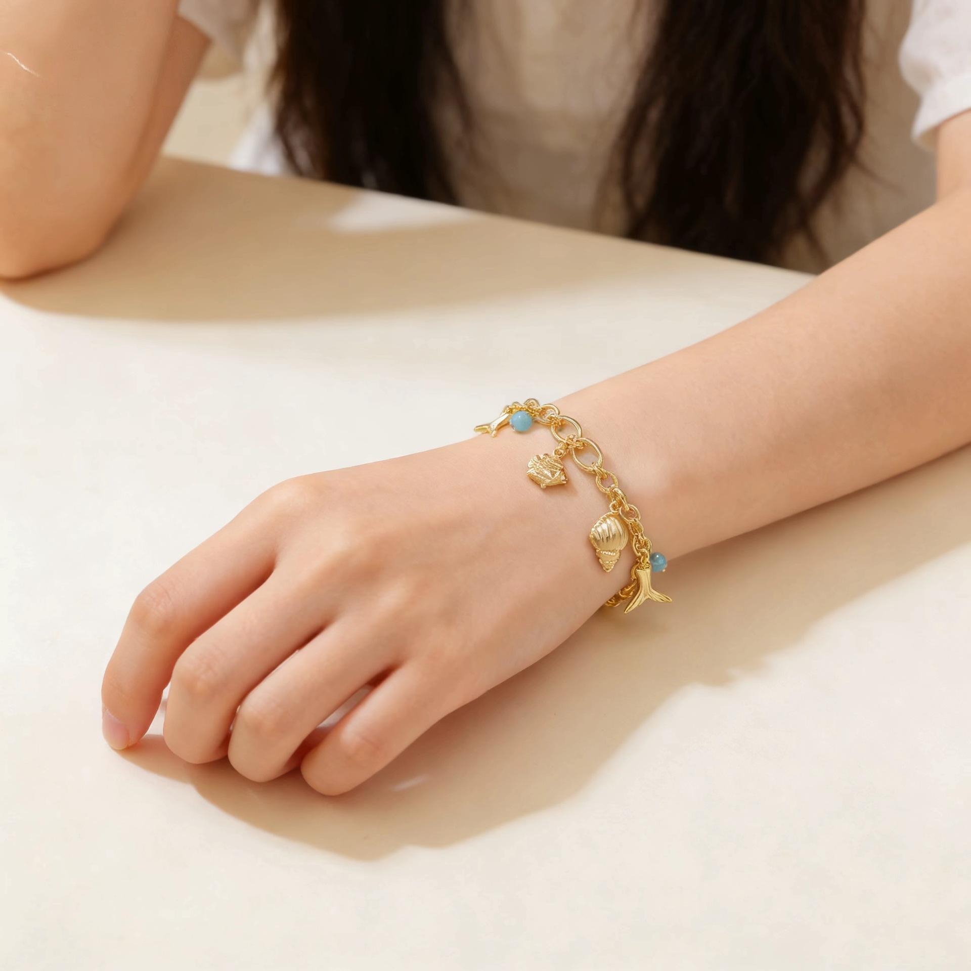 Ocean Inspired Shell Conch Mermaid Tail Bracelet, 18K Gold Plated with Blue Cat Eye Stone, Minimalist Unique Design, Trendy Summer Beach Jewelry for Women, Perfect for Daily Wear, Vacation & Beach Outfits