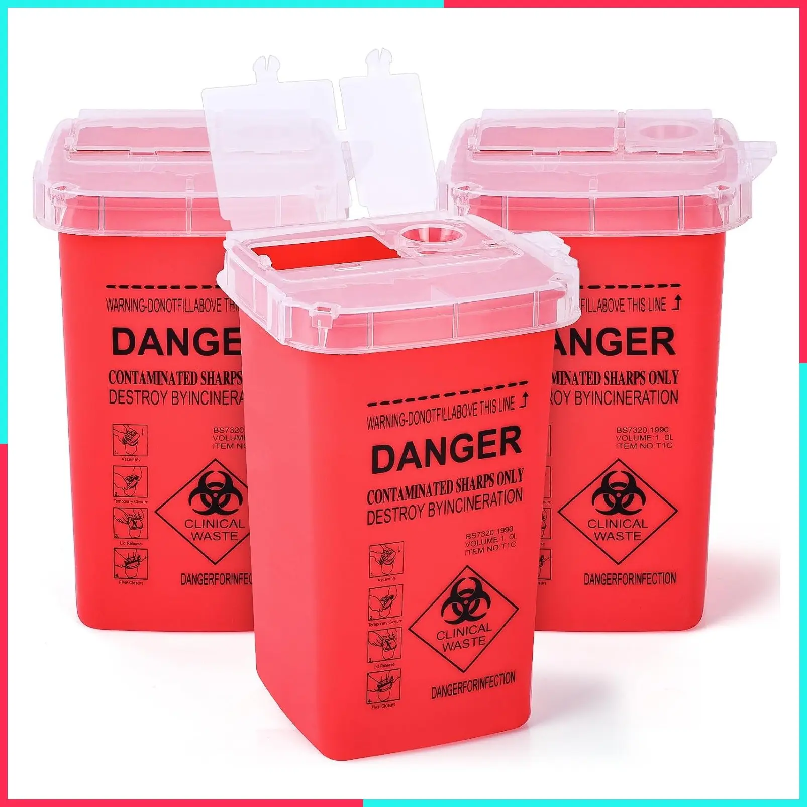 1 Quart (3-Pack) Sharps Container for Home Use, Needle Disposal Containers, Biohazard Containers, Syringe Disposal, Small Portable Container for Travel, Professional Sharp Waste Disposal