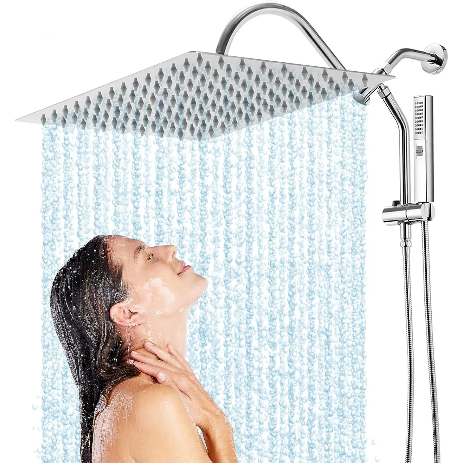 Shower , 12" Rain Shower  with Handheld  Combo, High  Rainfall Rectangle Shower Heads with Extension Arm Wide  Showerhead with Shower Slide Bar, Bathroom Accessories, Chrome