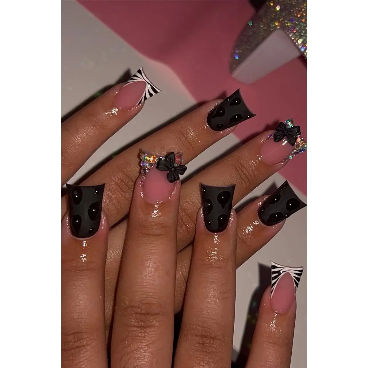Y2K Cool Girl Press On False Nails, 24-Piece Set, Sparkly Rhinestone Bow Duckbill Nails, Neon Green Press-On Nails, Black and Silver Mirror Finish Press-On Nails, ICE Nail Studio