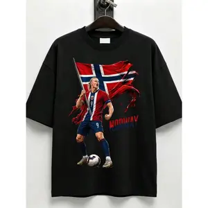 Norway Soccer Cotton Tee T-Shirt with Flag Design and Player Graphic for Erling Haaland Fans