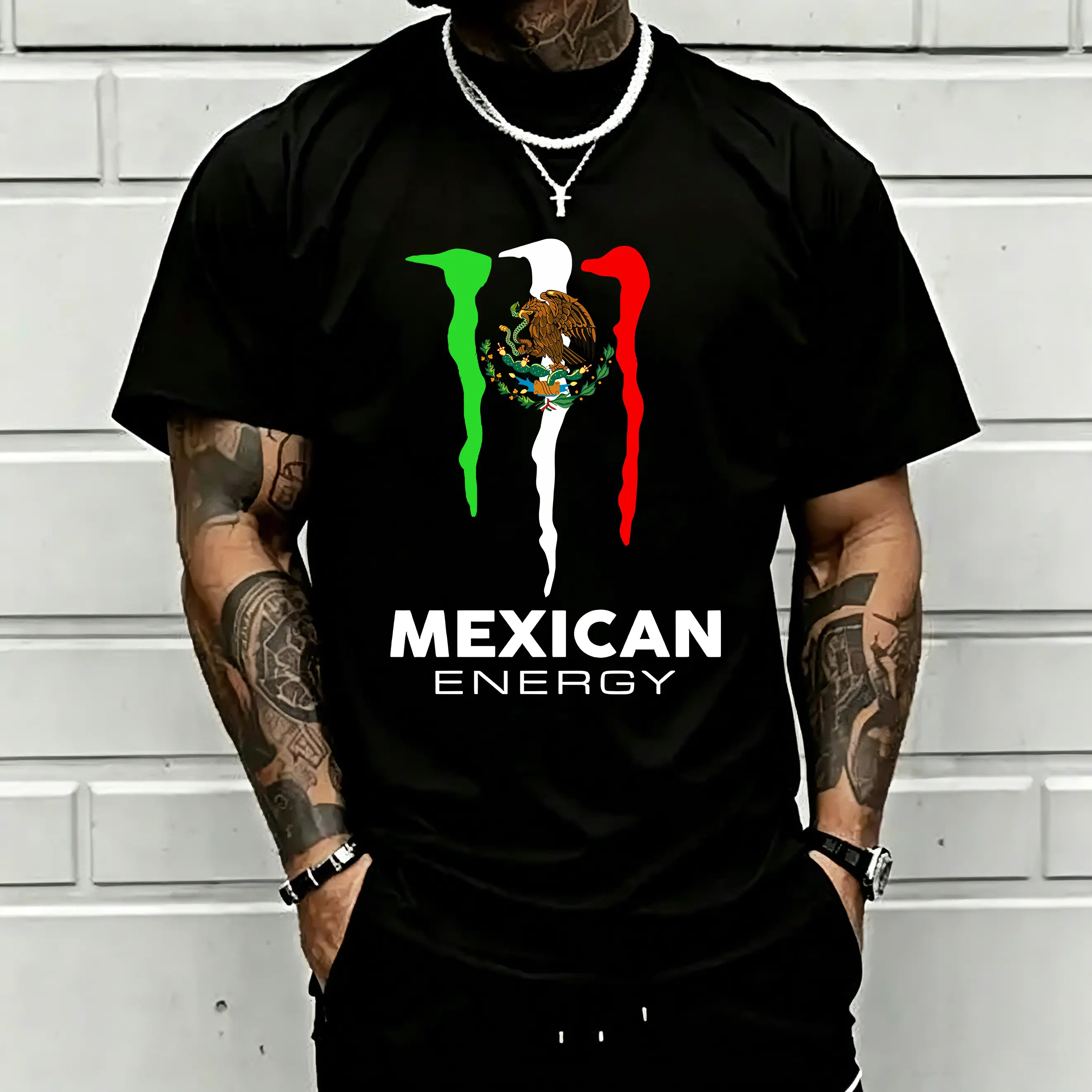 Mexico Flag Graphic T-Shirt for Men, Casual Shortsleeve Crewneck in Breathable 100% Cotton for Outdoor Street Outfits, Round Neck, Regular Fit, Breathable Fabric, Menswear, Tee, Tshirt, Printed, Crew Neck