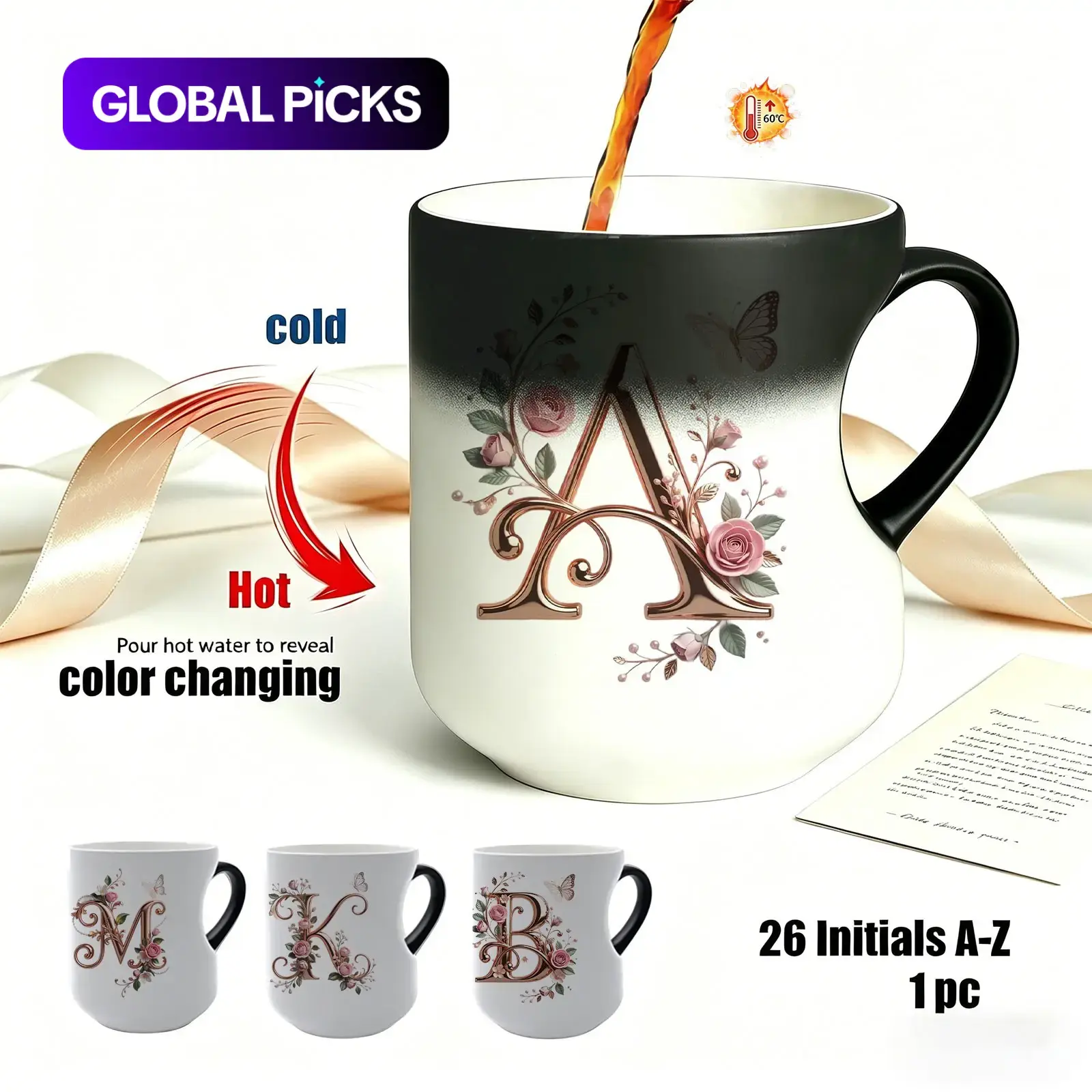 Elegant Rose Gold Floral Initial Color Changing Ceramic Mug, Heat Sensitive Magic Coffee Cup, Unique Personalized Gift for Friends & Family #GLOBAL PICKS