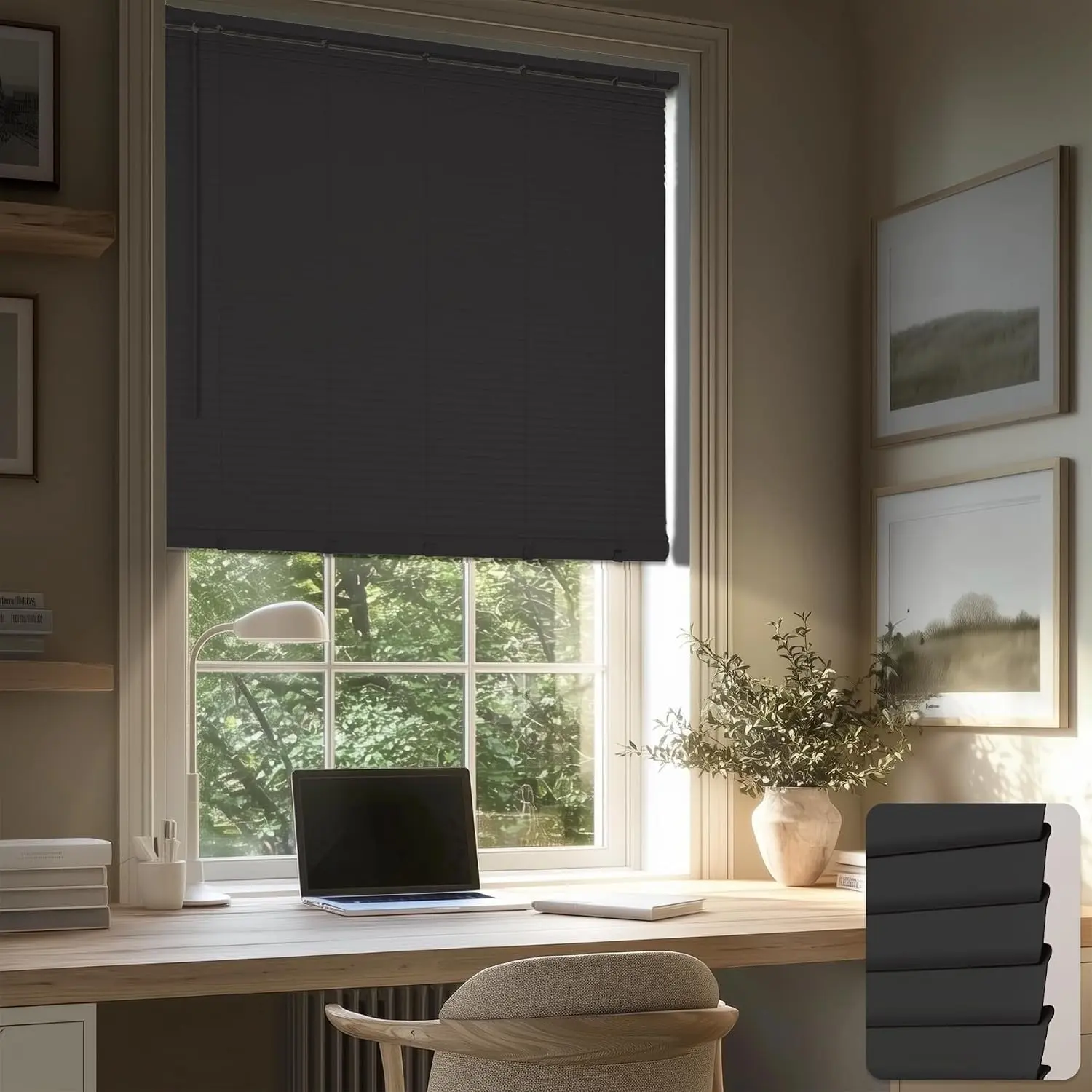No Drill Room Darkening Venetian Mini Blinds, Black, 54" W x 50" H | Cordless 1” L-Shaped PVC Slats, Enhanced Privacy, Easy Install, Waterproof Vinyl Blinds with Clean Sponge for Indoor Rooms