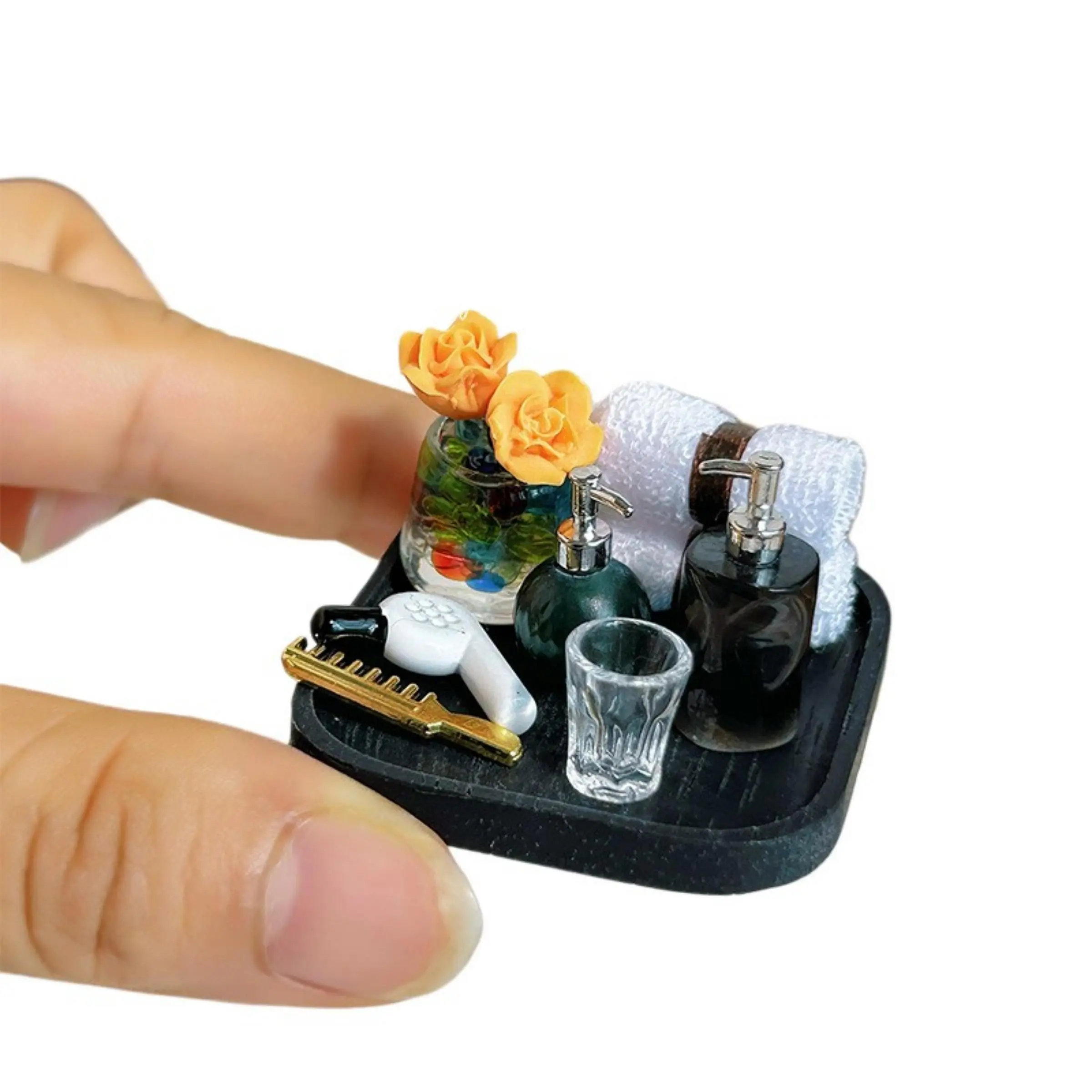 9-Piece Set 1:12 Scale Resin Bathroom Accessories Model, Bathroom Items, Dollhouse Scene Decorations, Modern Portable Figurines & Miniatures, Towels, Bottles, Flowers