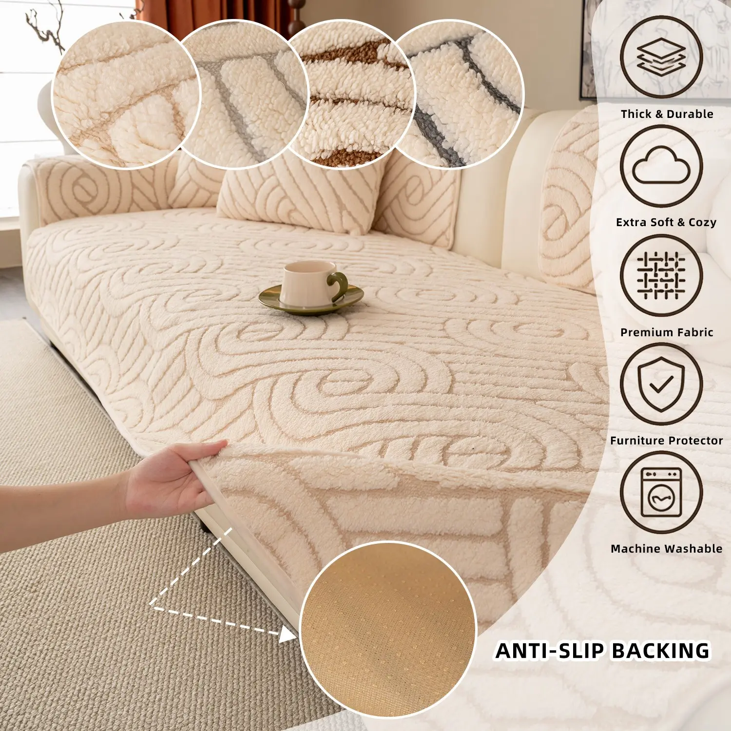 1PC Non-Slip Plush Sofa Cushion, Soft Cream Style Living Room Essential, Warm Color Grid Design, All-Season Use, Fits Single to Five-Person Sofas