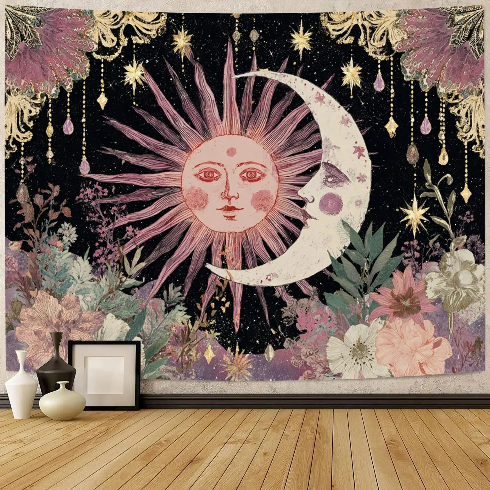 Sun Moon Stars Printed Tapestry, Celestial Face with Radiant Stars & Bohemian Floral Vines, Vintage Psychedelic Wall Hanging for Dorm, Bedroom, High-Clarity Non-Fading Print, Wrinkle-Resistant Machine Washable Boho Indoor Decor Gift