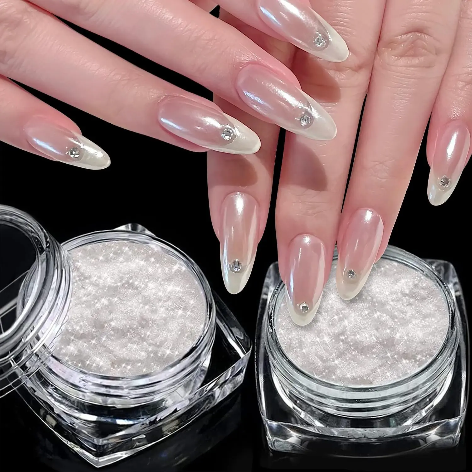 2 Jars 1g White Clear Chrome Nail Powder Set Transparent Glass Mirror Effect Aurora Pearl Glitter Pigment Acrylic Powder for Gel Polish Nail Art Design with 2 Tools