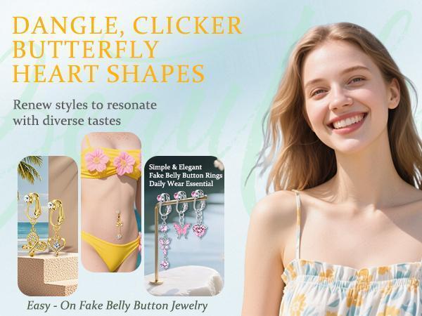 FringeFlutter Non-Piercing Belly Button Ring Clip-On | Sparkling Crystal Butterfly & Heart Navel Ring for Party & Gift