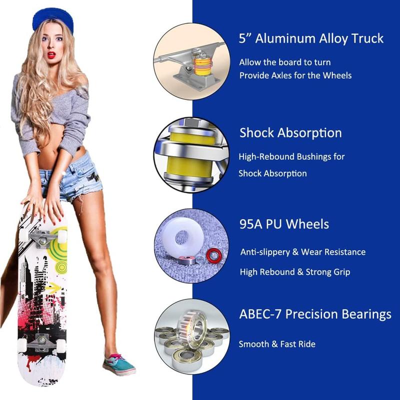 Skateboards for Beginners Adults Youths Teens Kids Girls Boys 31 Inch Pro Complete Skate Boards 7 Layer Canadian Maple Double Kick Concave Longboards