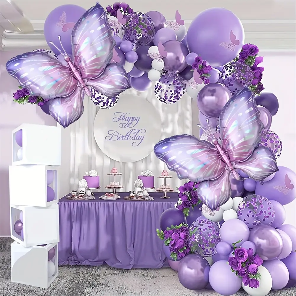 Purple Butterfly Themed Balloon Arch Garland Set 129pcs, Comes with Curling Ribbon, Perfect Decor for Birthday, Wedding, Anniversary and Spring Celebrations, Suitable for Indoor & Outdoor Party Layouts