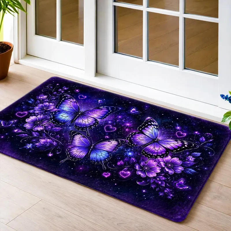 Flannel Floor Mat 1PC, 2PC, 3PC Dreamy Purple Butterfly Flower Floor Mat, Foot Mat, Carpet, Door Mat, Entrance Floor Mat, Entrance Carpet, Doorway Floor Mat, Door Mat, Entryway Foot Mat, Doorstep Foot Mat, Kitchen Floor Mat, Living Room, Bedroom, Office,