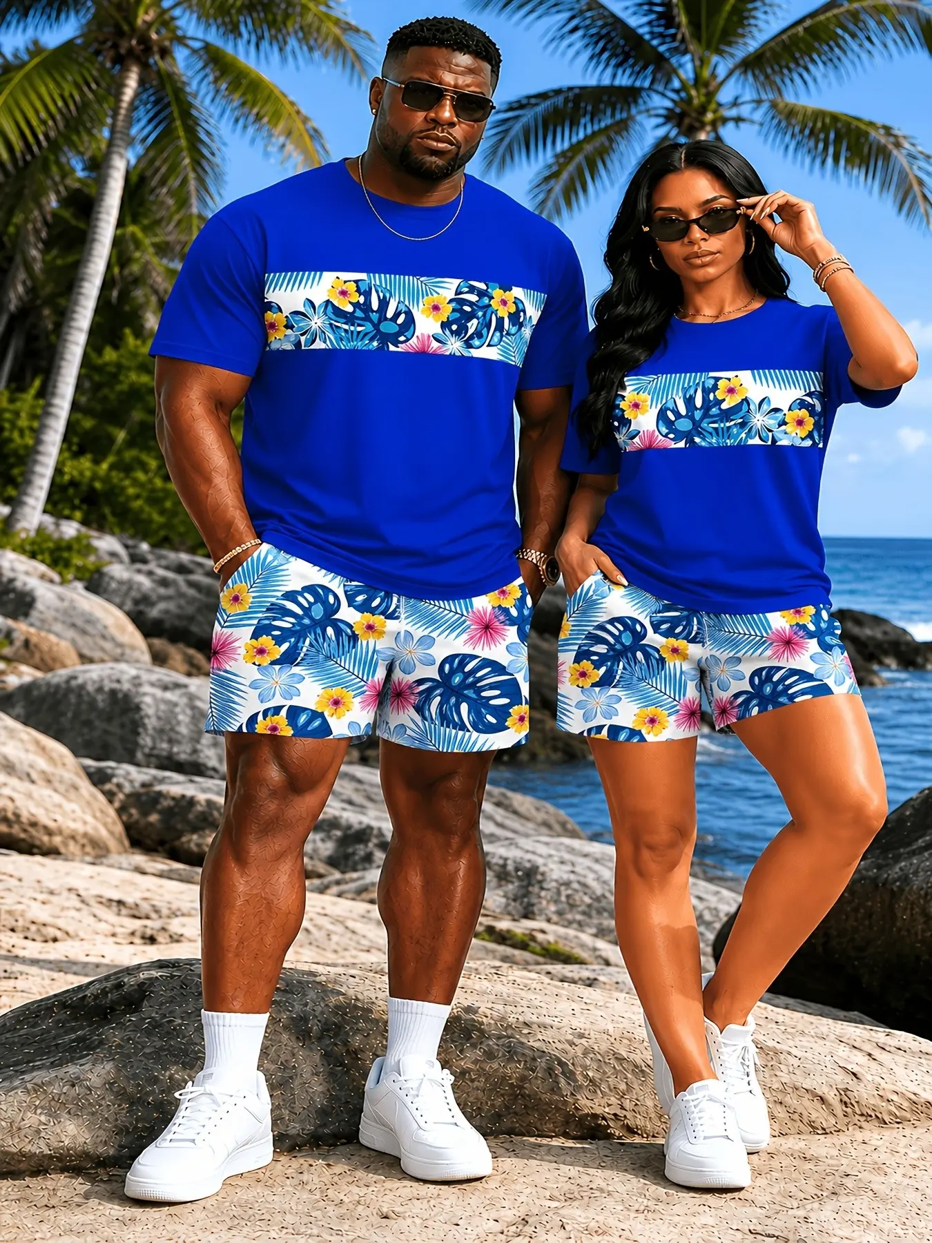 Couple Set Tropical Floral Short Sleeve + Plant Print Drawstring Shorts, Breathable Summer Beach Vacation