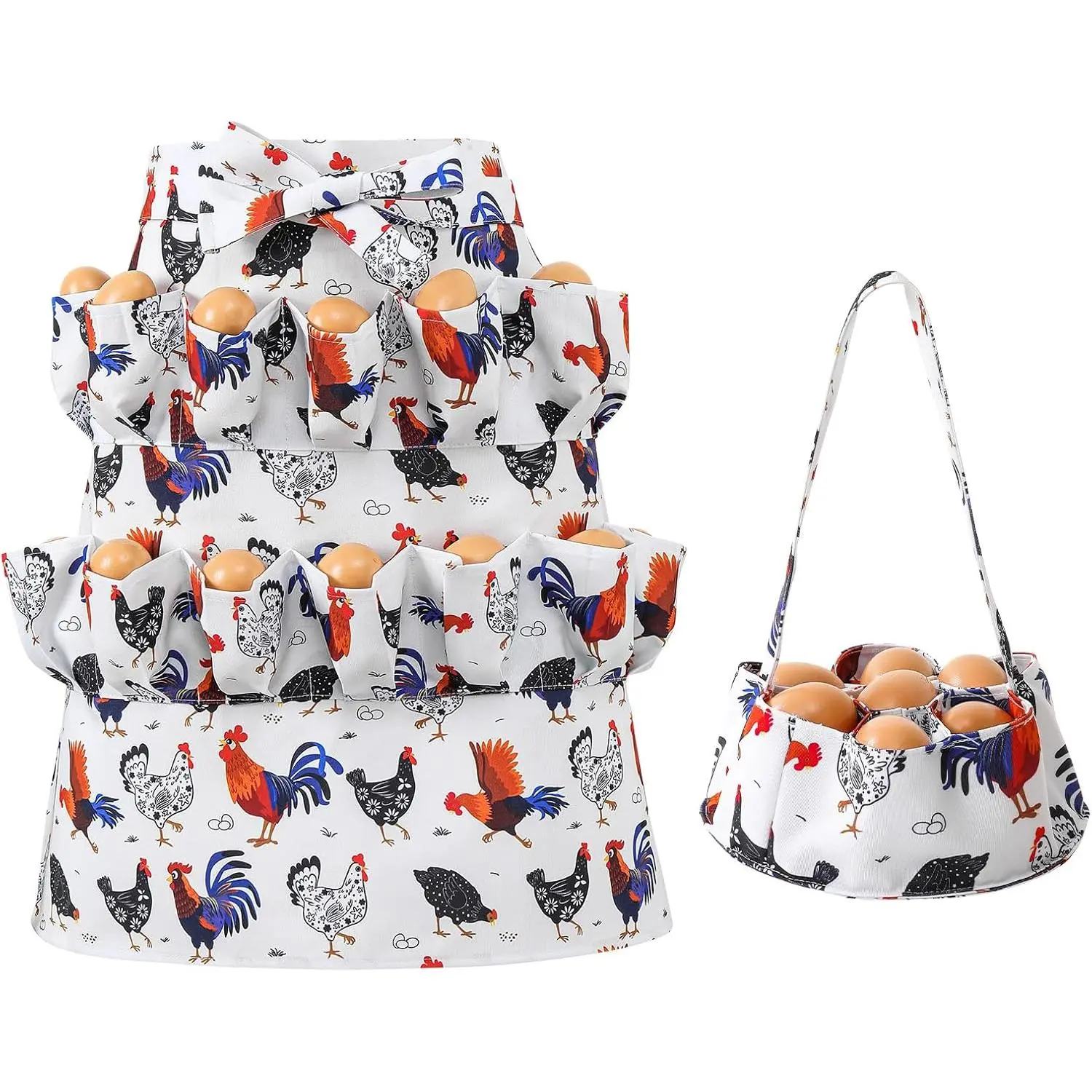 Egg Collecting Apron, 14 Pockets Egg Collecting Holding Apron and Chicken Eggs Gathering Basket with 7 Pouches for Chicken Duck Goose Eggs