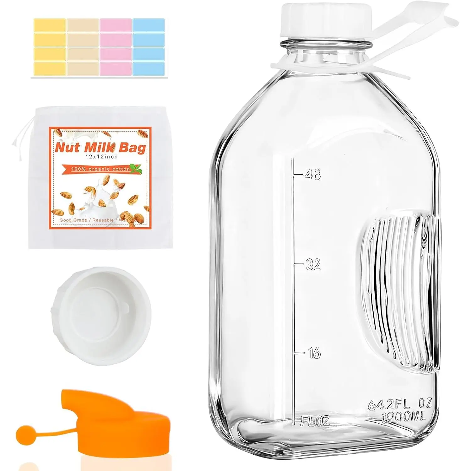 64 oz Glass Milk Bottle with Lid, 2 Quart Water Pitcher with Handle | 1 Pack Juice Jug with Scale/Nut Milk Bag/Pour Spout/Airtight Lid,  Carafe Container for  Coffee Kombucha-1/2 Gal