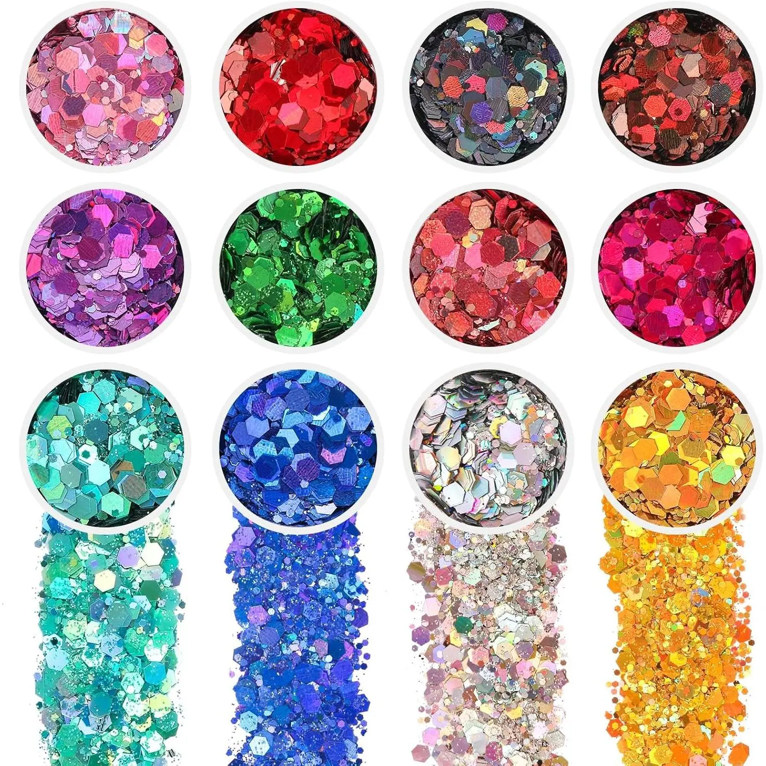 12 Jars Holographic Chunky Craft Glitter for Resin, Slime, Tumbler, DIY Jewelry, Hair Face Body Makeup, Nails, Festival & Party Decorations